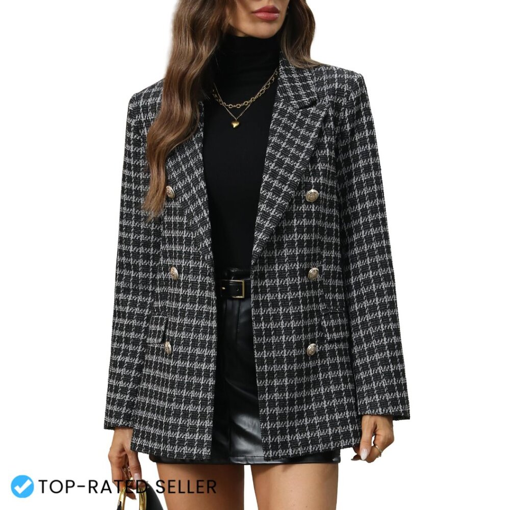 Oversized Tweed Blazer Boyfriend Style Double Breasted Chic Casual Elegant